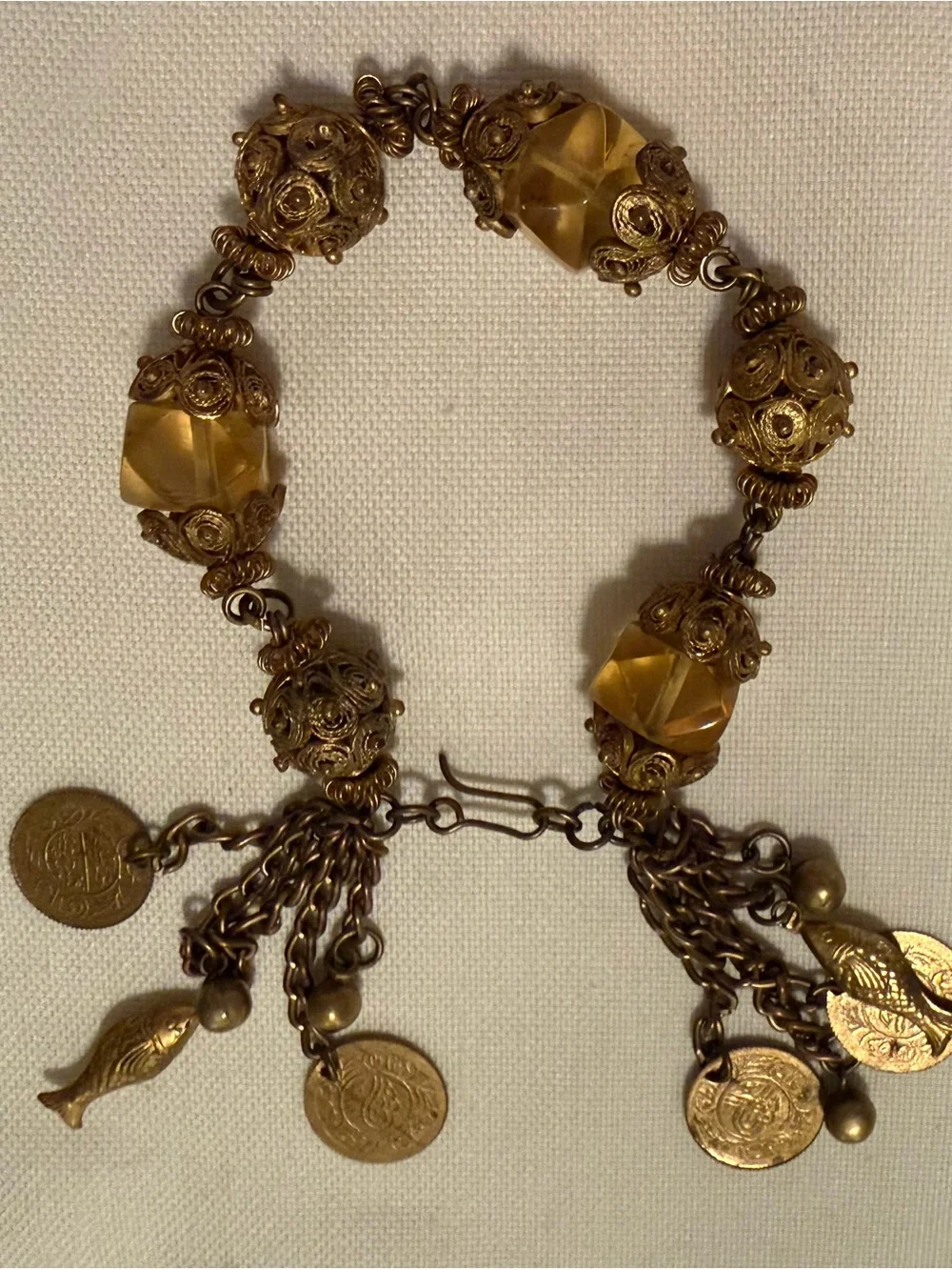 Vintage Beaded Coin Charm Bracelet